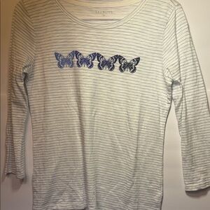Talbots White and Blue Striped Long Sleeve Tee with Butterfly Row XS Pre Owned